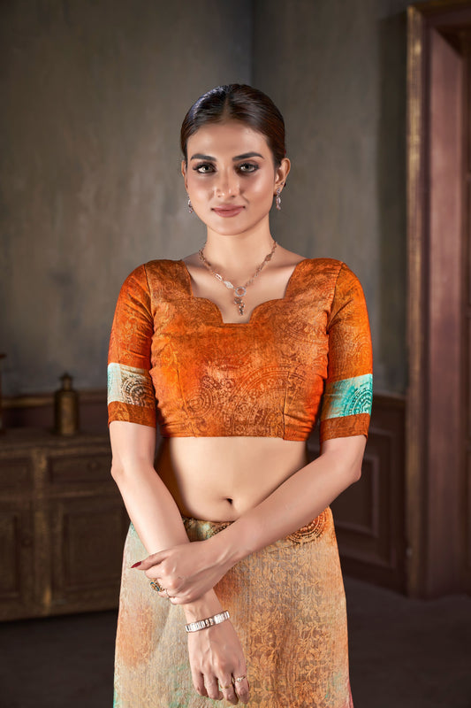 Premium Natural Silk High Definition Jacquard Zari Digital Printed Blouse With Saree - jivora