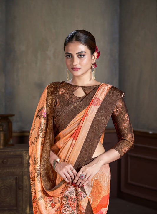 Premium Natural Silk High Definition Jacquard Zari Digital Printed Blouse With Saree - jivora