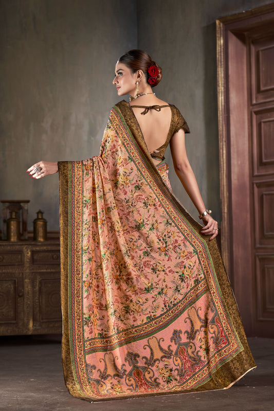 Premium Natural Silk High Definition Jacquard Zari Digital Printed Blouse With Saree - jivora