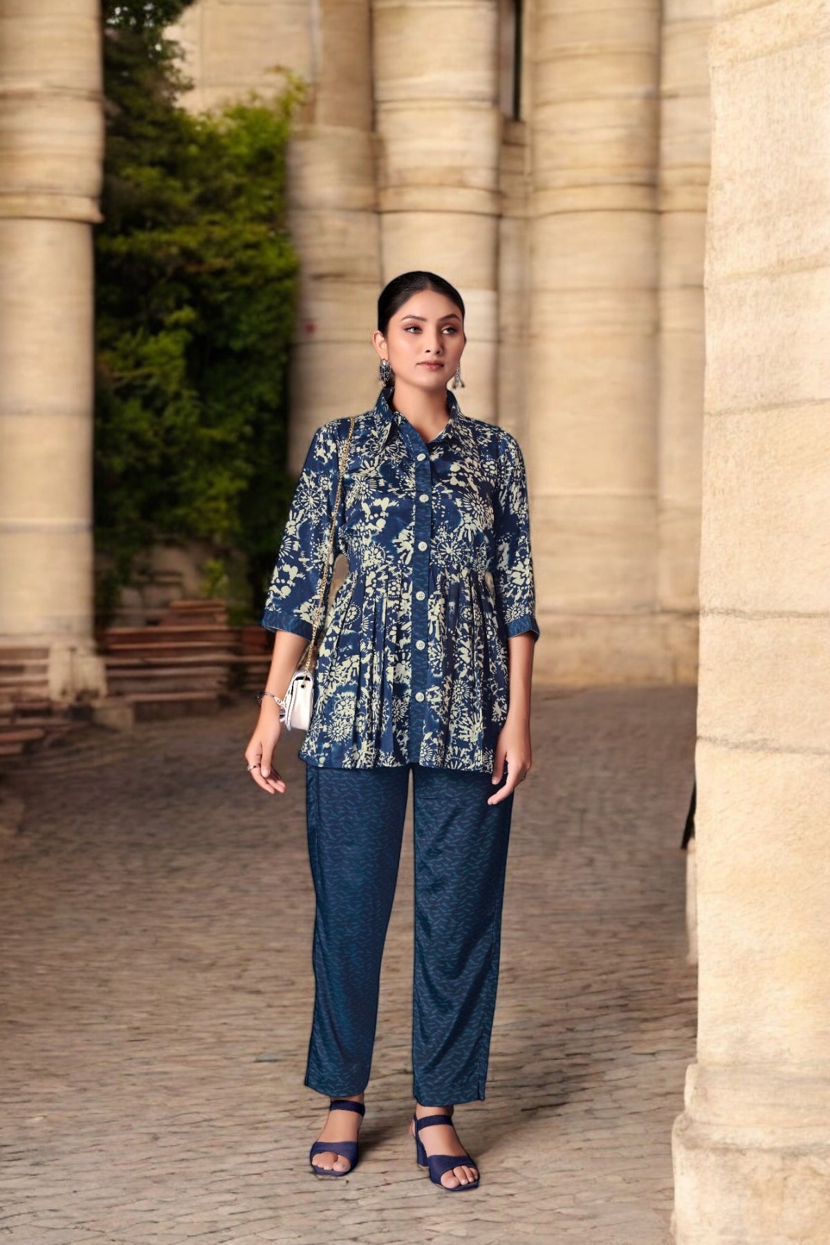 Elegant Crepe Silk Co-Ord Set with Pastel Floral Digital Print & Matching Scarf -Navy Blue
