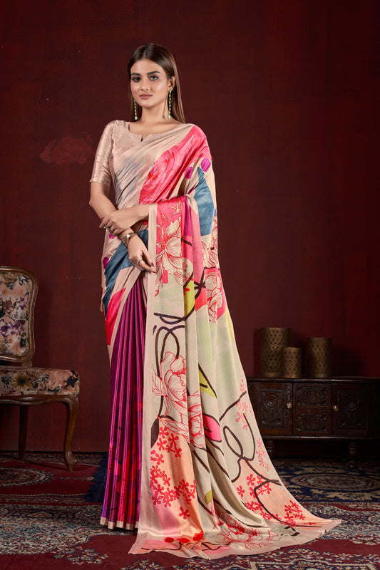 Premium Soft Silk Natural Crepe Digital Printed Sari