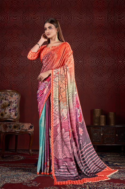 Premium Soft Silk Natural Crepe Digital Printed Sari