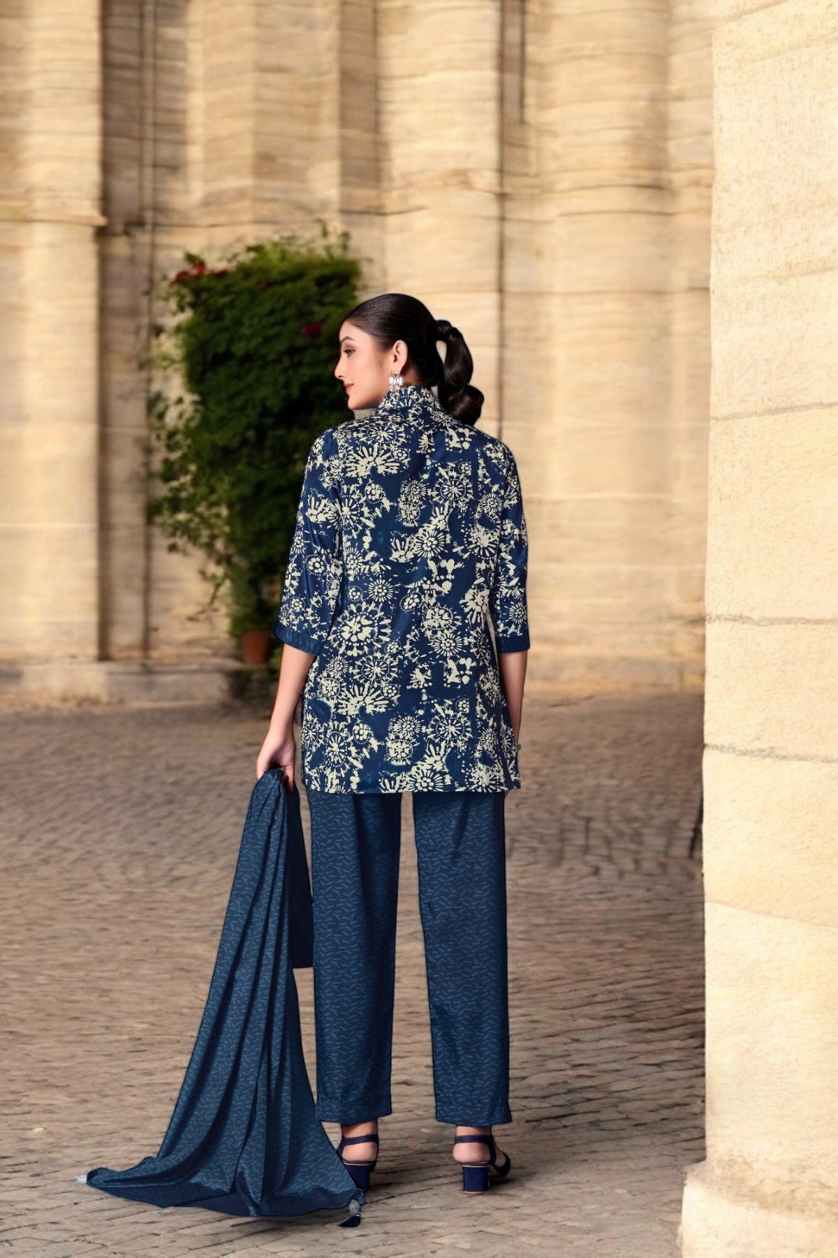 Elegant Crepe Silk Co-Ord Set with Pastel Floral Digital Print & Matching Scarf -Navy Blue