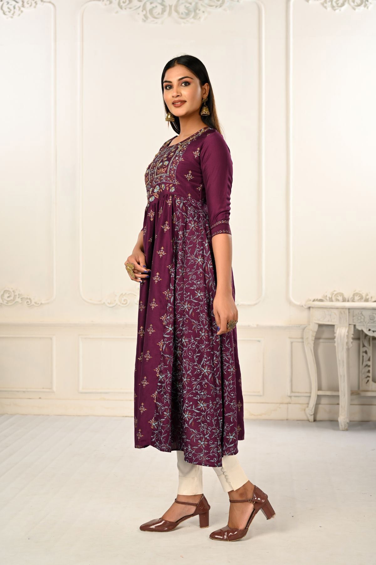 Wine Cotton with Handprint Embroidered Kurtis - jivora