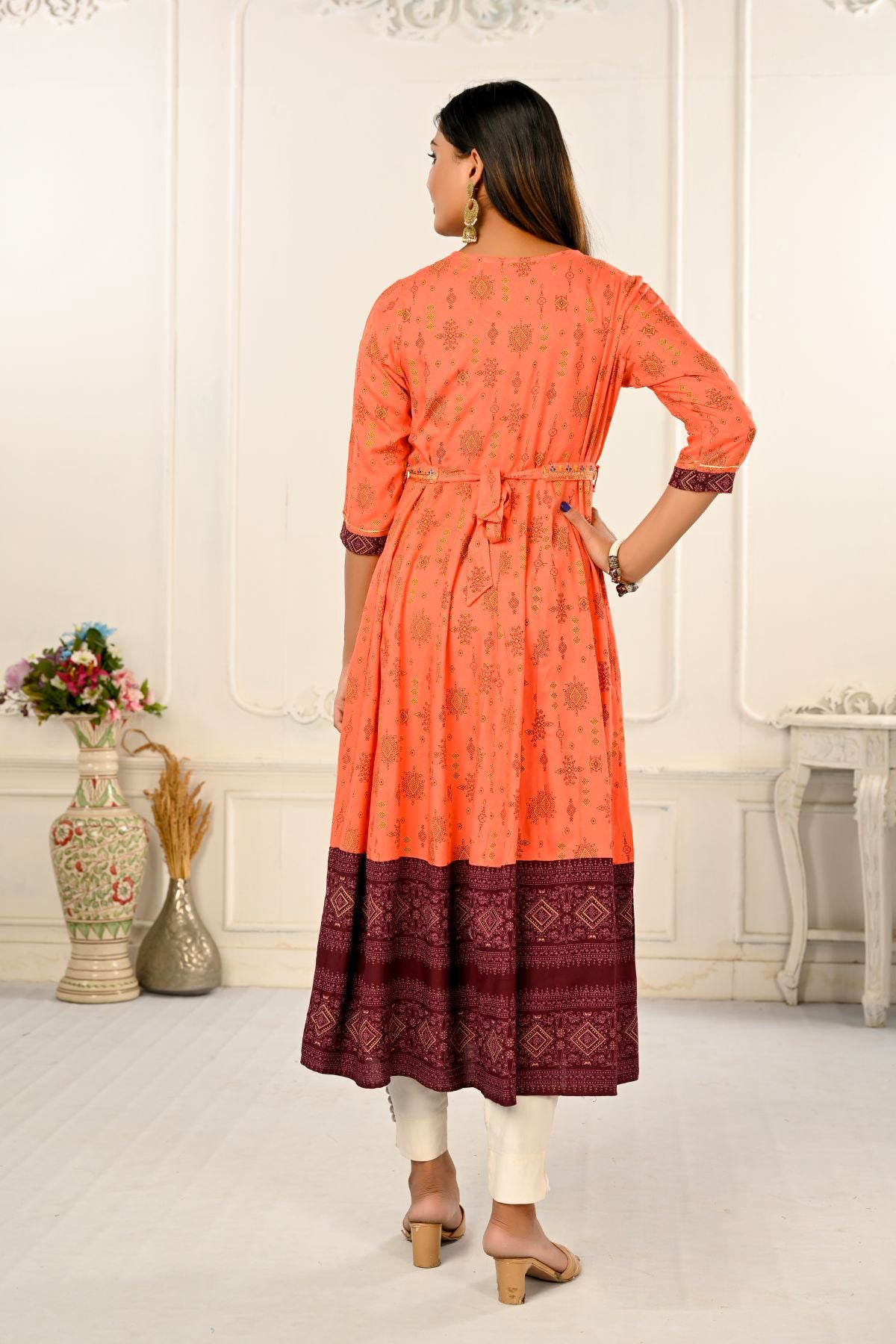 Orange Cotton with Handprint Embroidered Kurtis - jivora