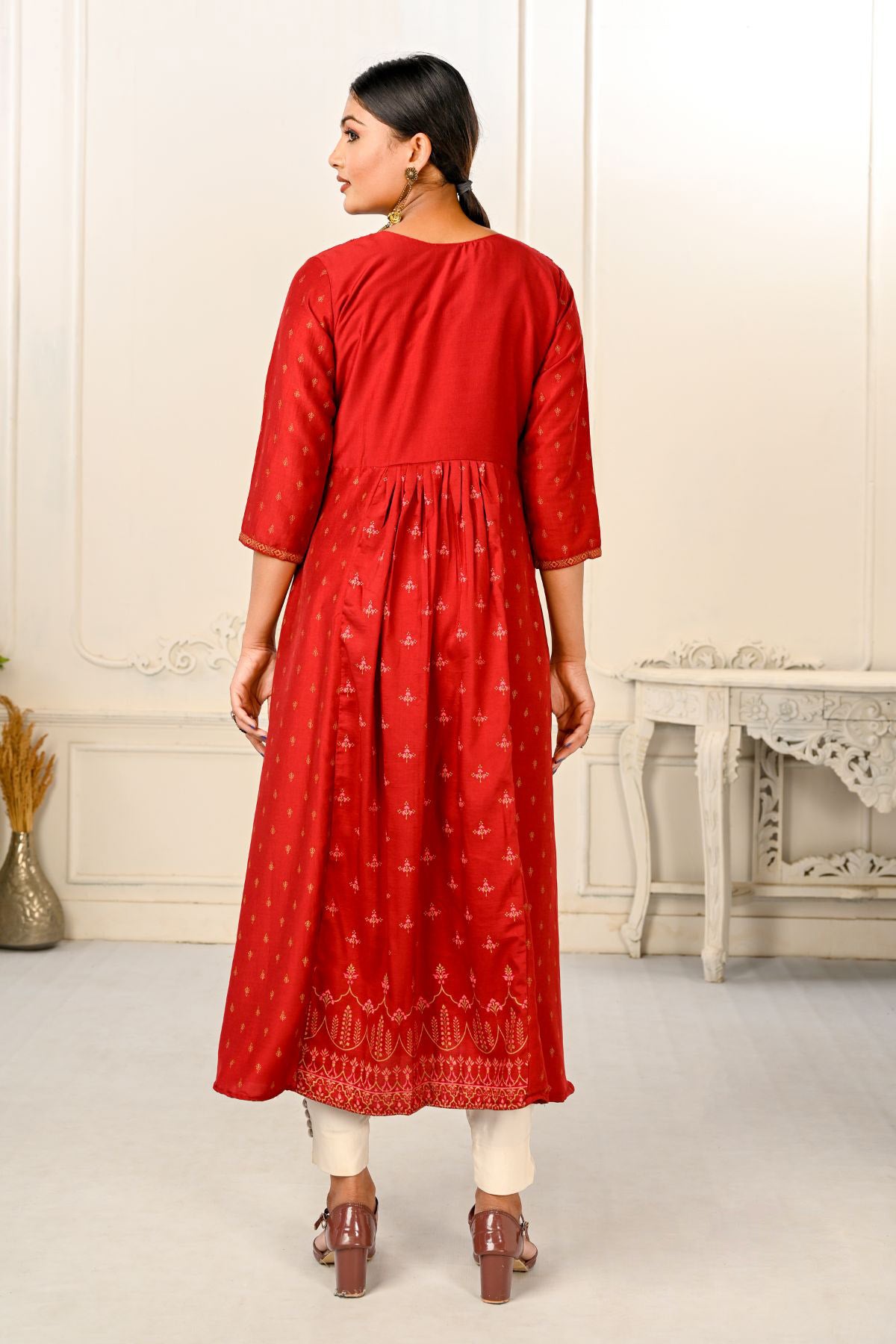 Red Cotton with Handprint Embroidered Kurtis - jivora