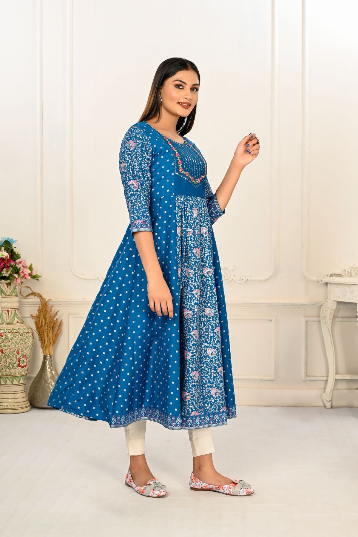 Blue Cotton with Handprint Embroidered Kurtis - jivora