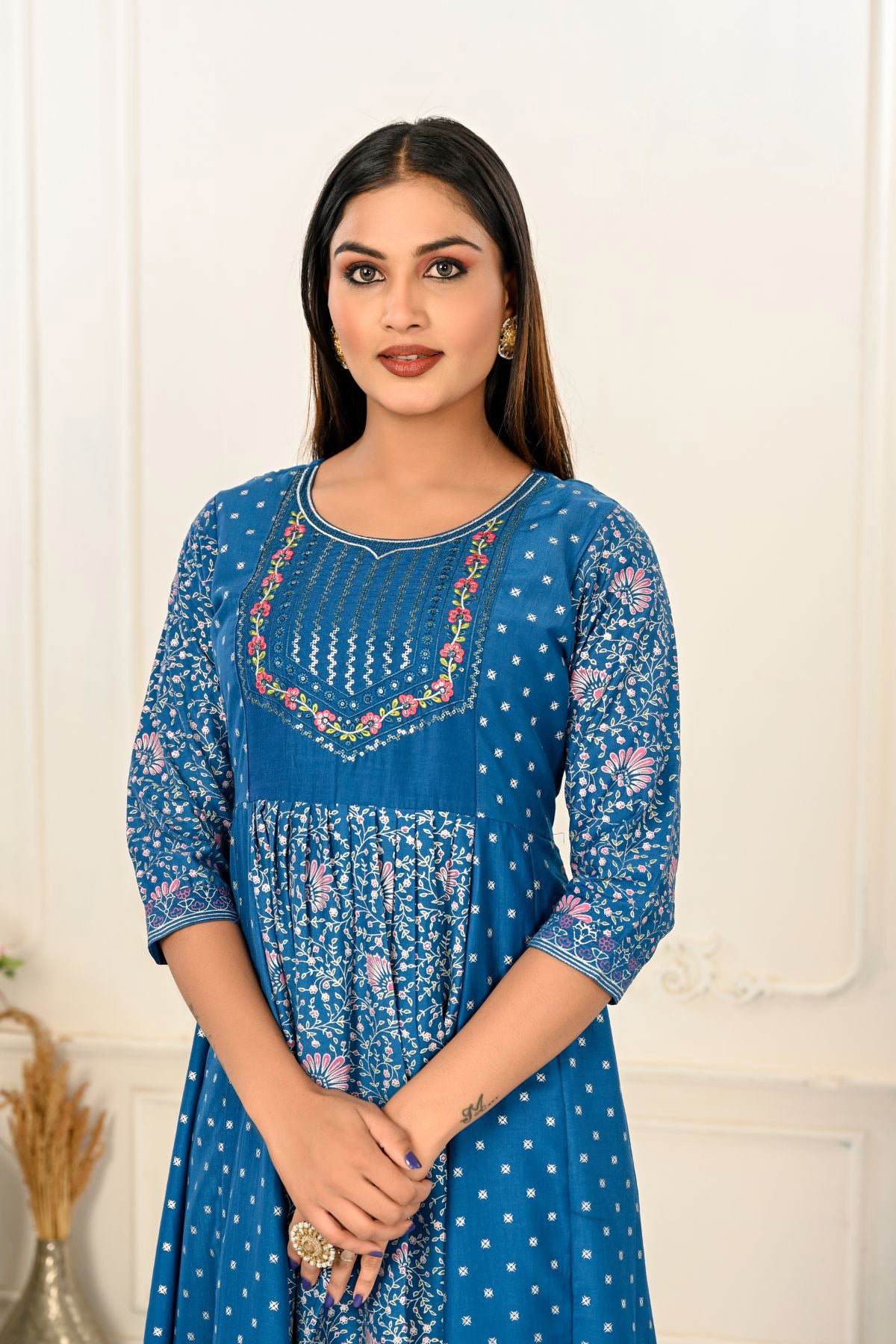 Blue Cotton with Handprint Embroidered Kurtis - jivora