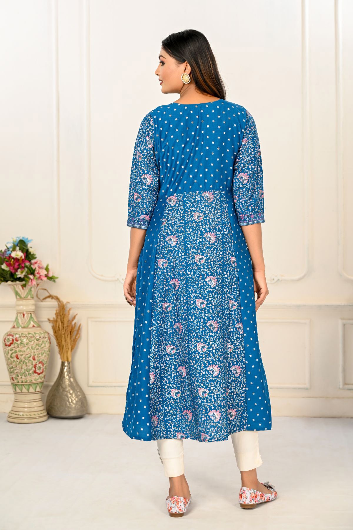 Blue Cotton with Handprint Embroidered Kurtis - jivora