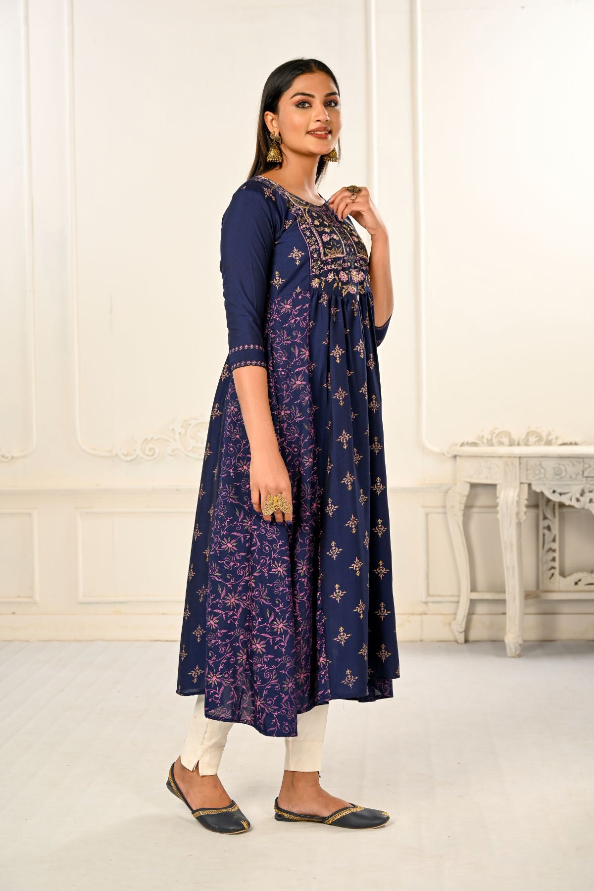 Purple Cotton with Handprint Embroidered Kurtis - jivora