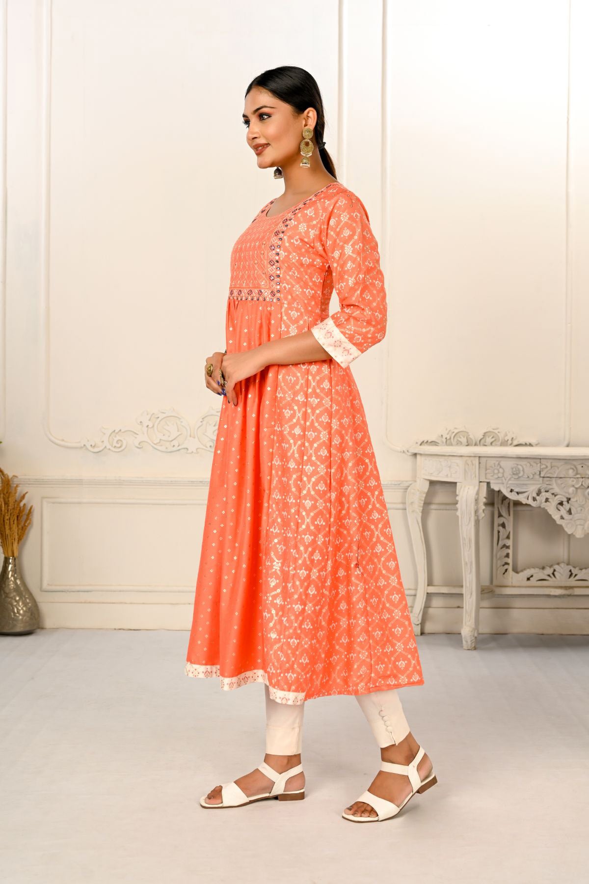 Orange Cotton with Handprint Light Embroidered Kurtis - jivora