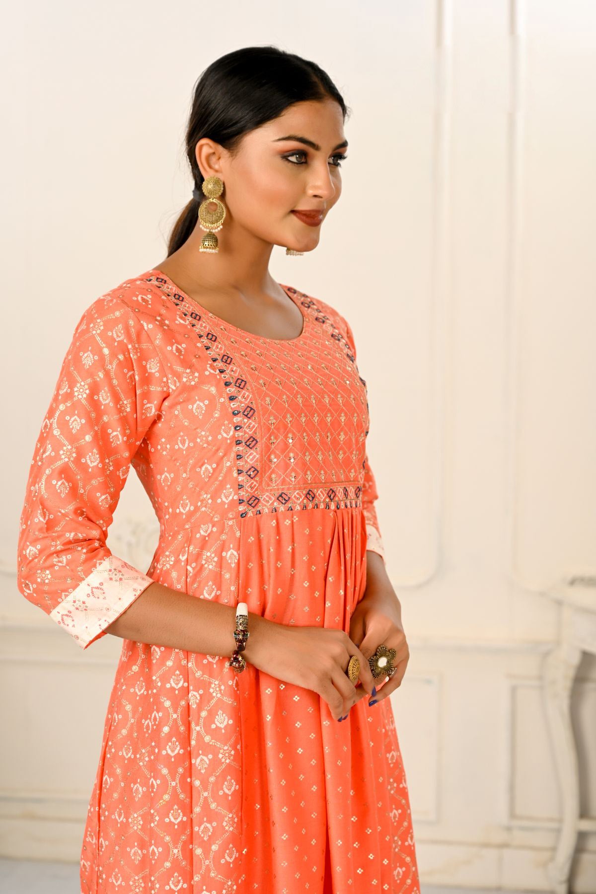 Orange Cotton with Handprint Light Embroidered Kurtis - jivora