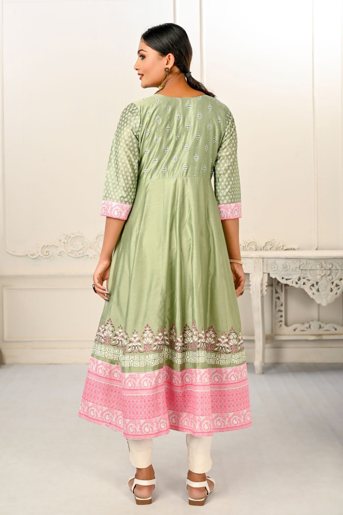 Pista Green Cotton with Handprint Embroidered Kurtis - jivora