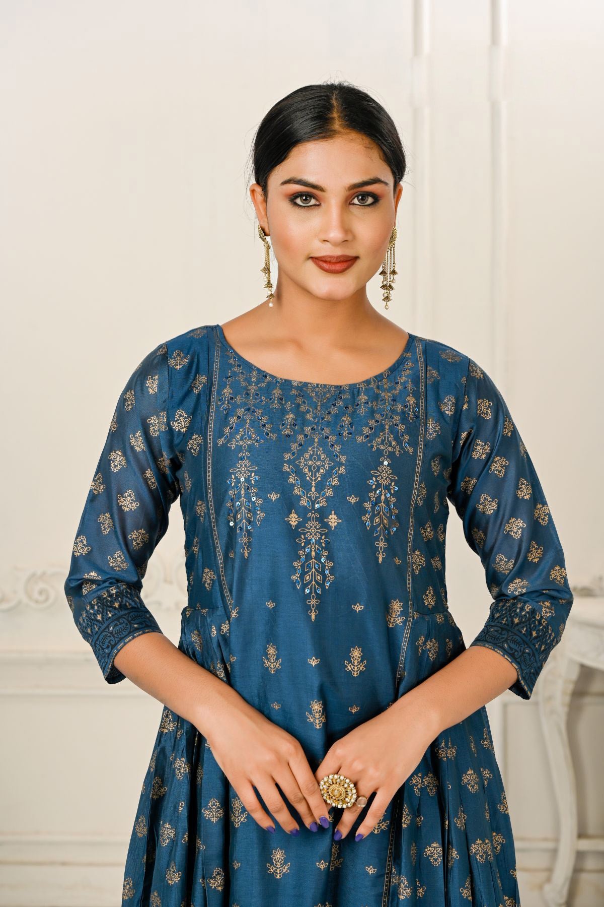 Blue Cotton with Handprint Light Embroidered Kurtis - jivora