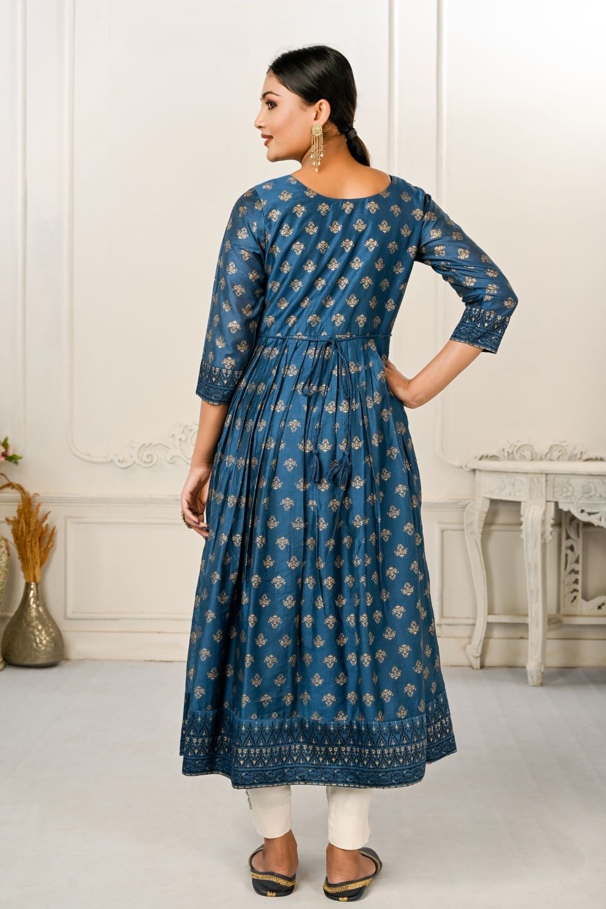 Blue Cotton with Handprint Light Embroidered Kurtis - jivora