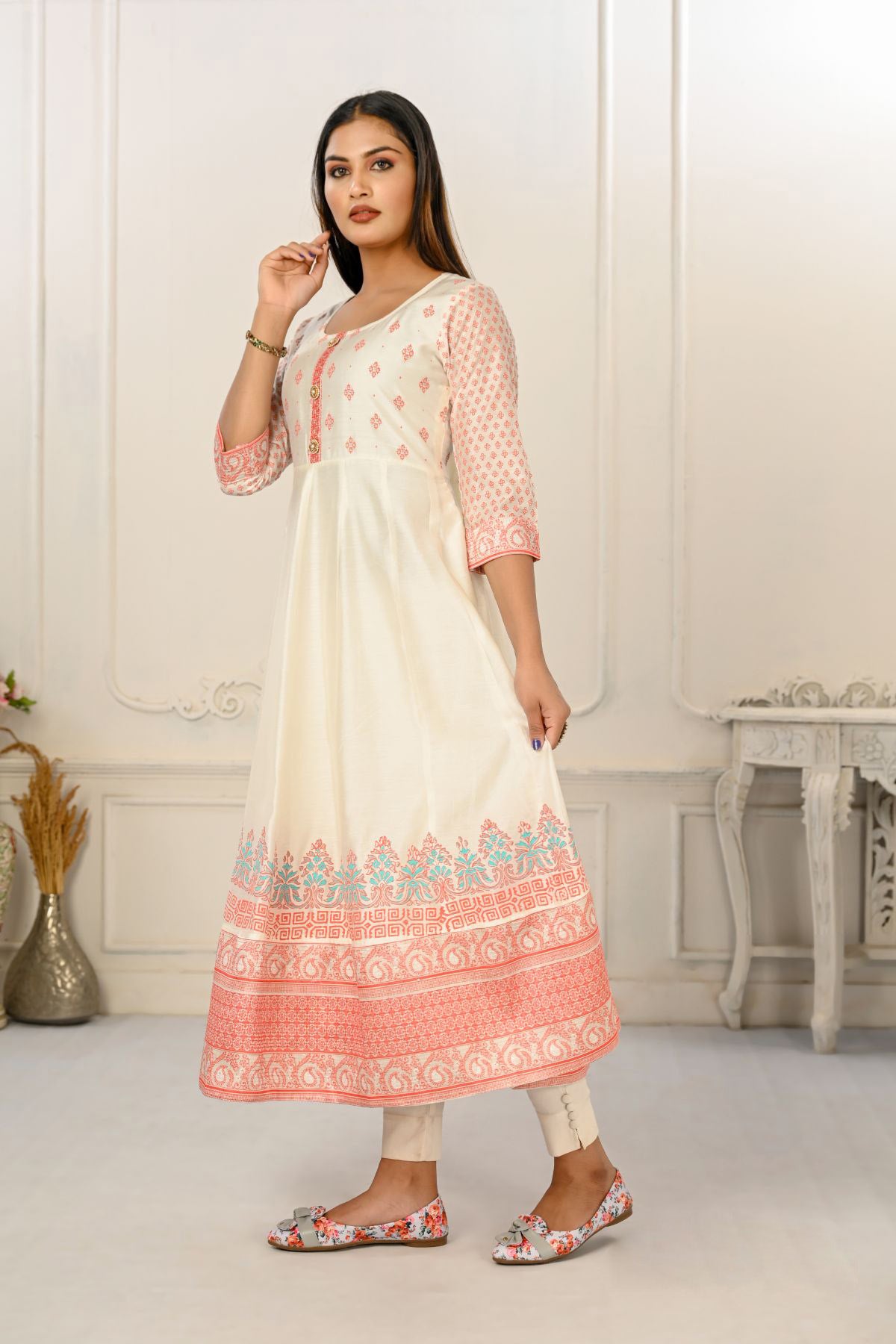Cream Cotton with Handprint Embroidered Kurtis - jivora