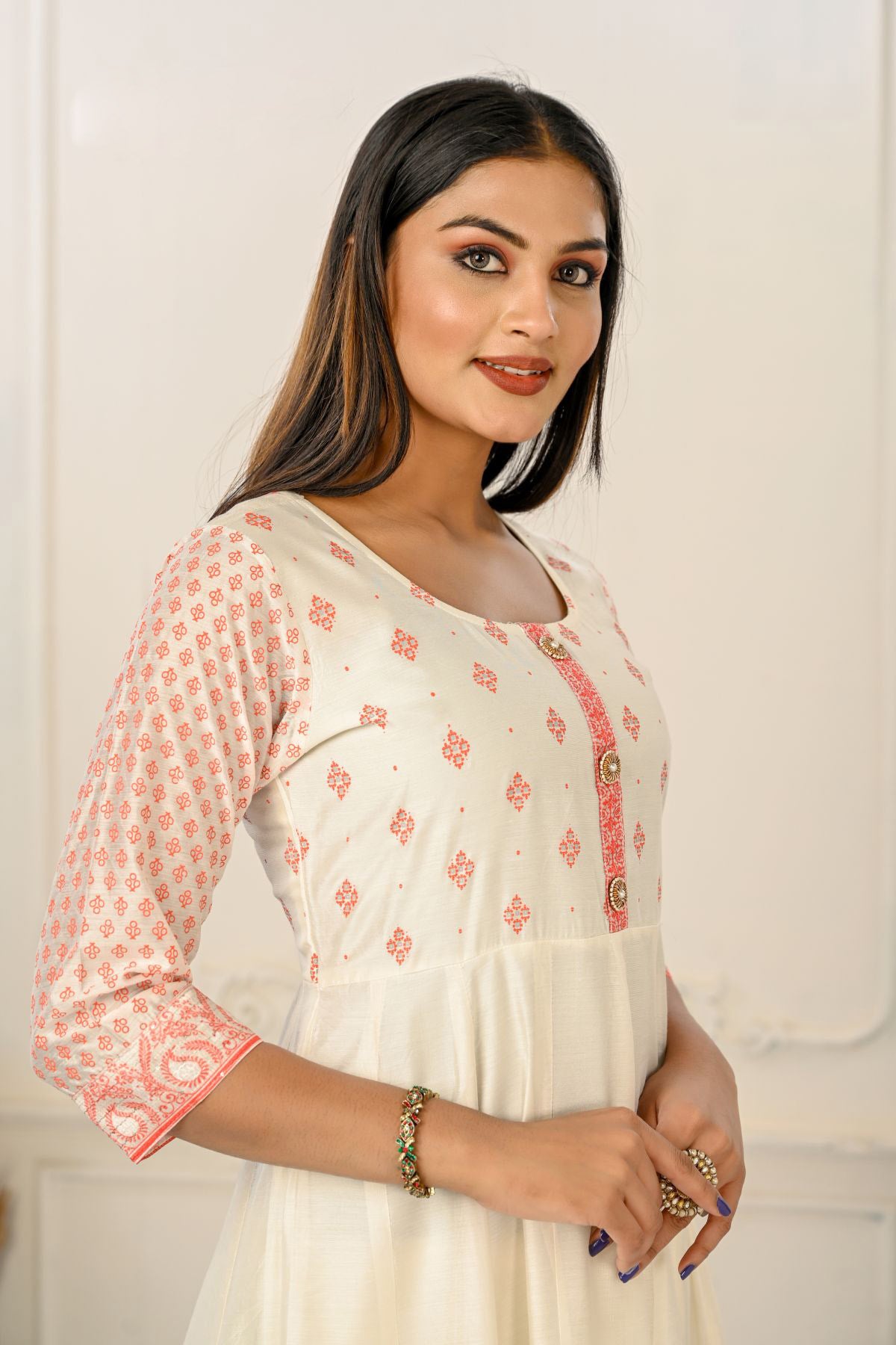 Cream Cotton with Handprint Embroidered Kurtis - jivora