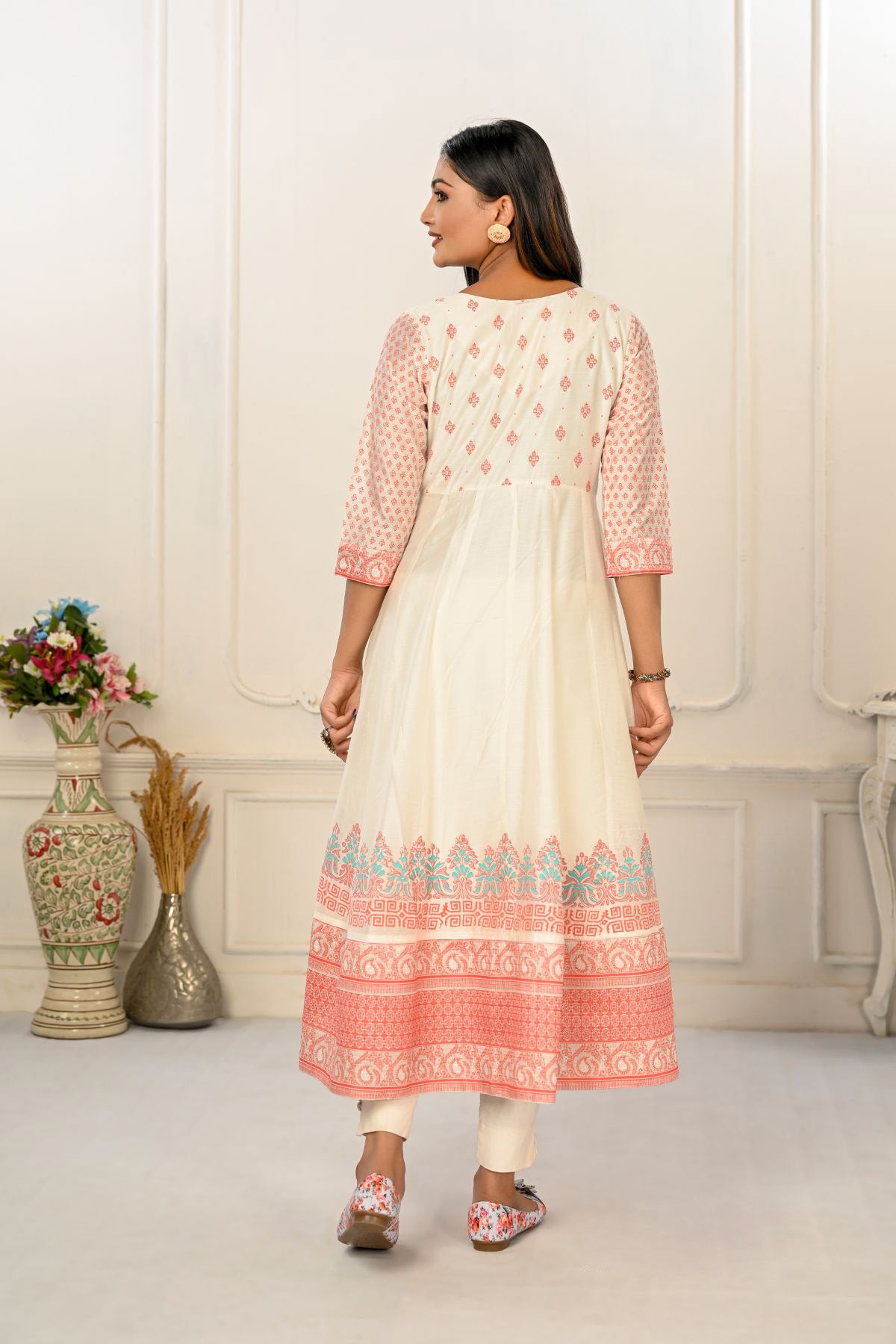 Cream Cotton with Handprint Embroidered Kurtis - jivora