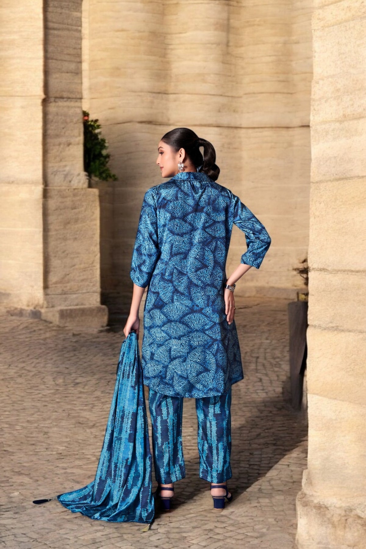 Elegant Crepe Silk Co-Ord Set with Pastel Floral Digital Print & Matching Scarf -Dark Blue