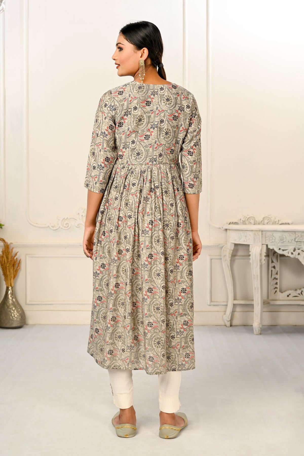Grey Cotton with Handprint Embroidered Kurtis - jivora