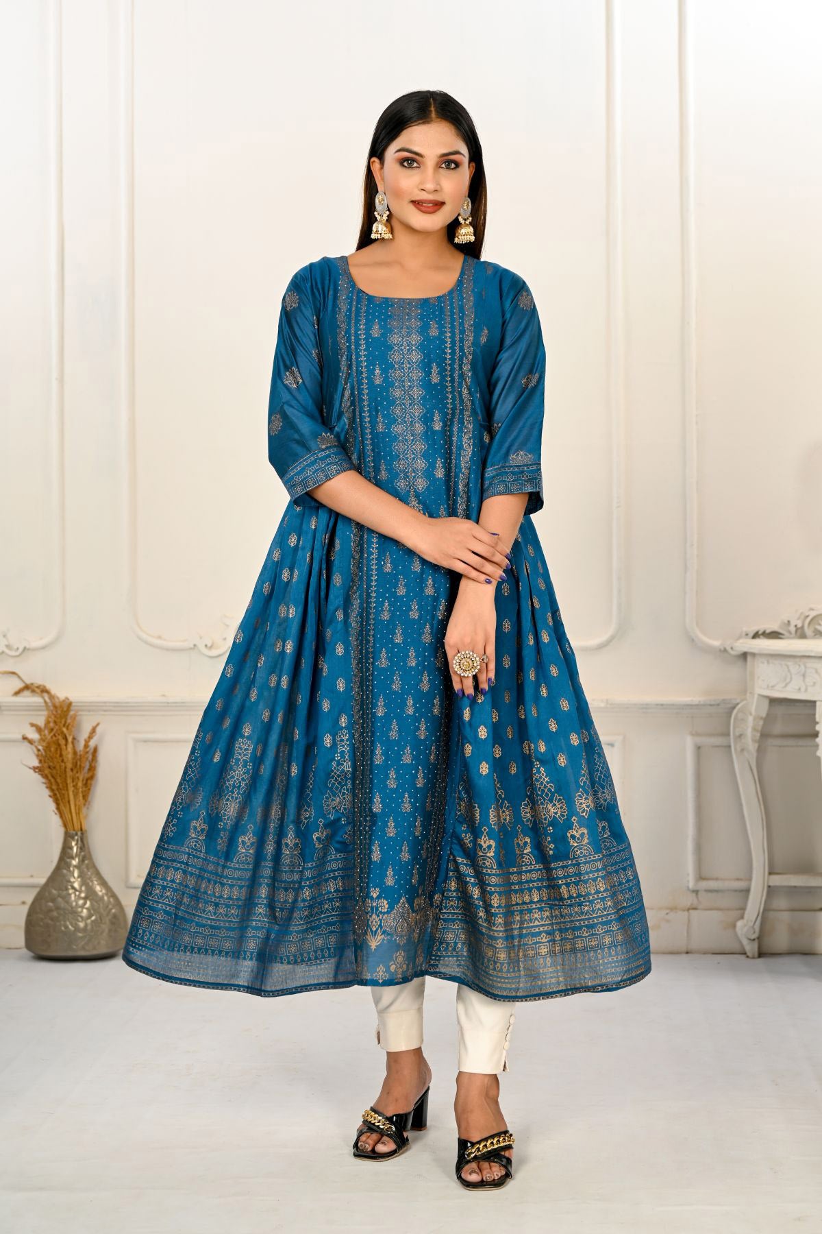 Blue Cotton with Handprint Embroidered Kurtis - jivora