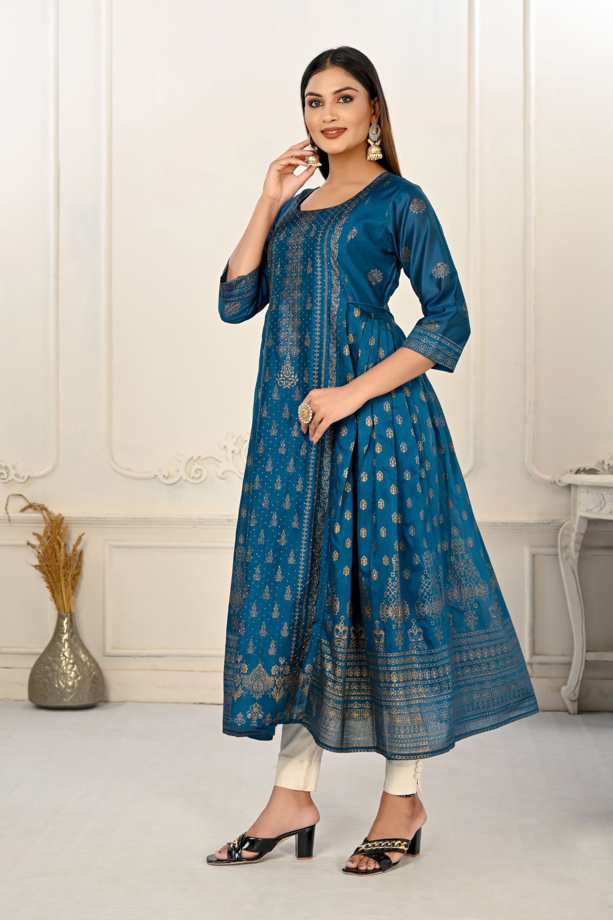 Blue Cotton with Handprint Embroidered Kurtis - jivora