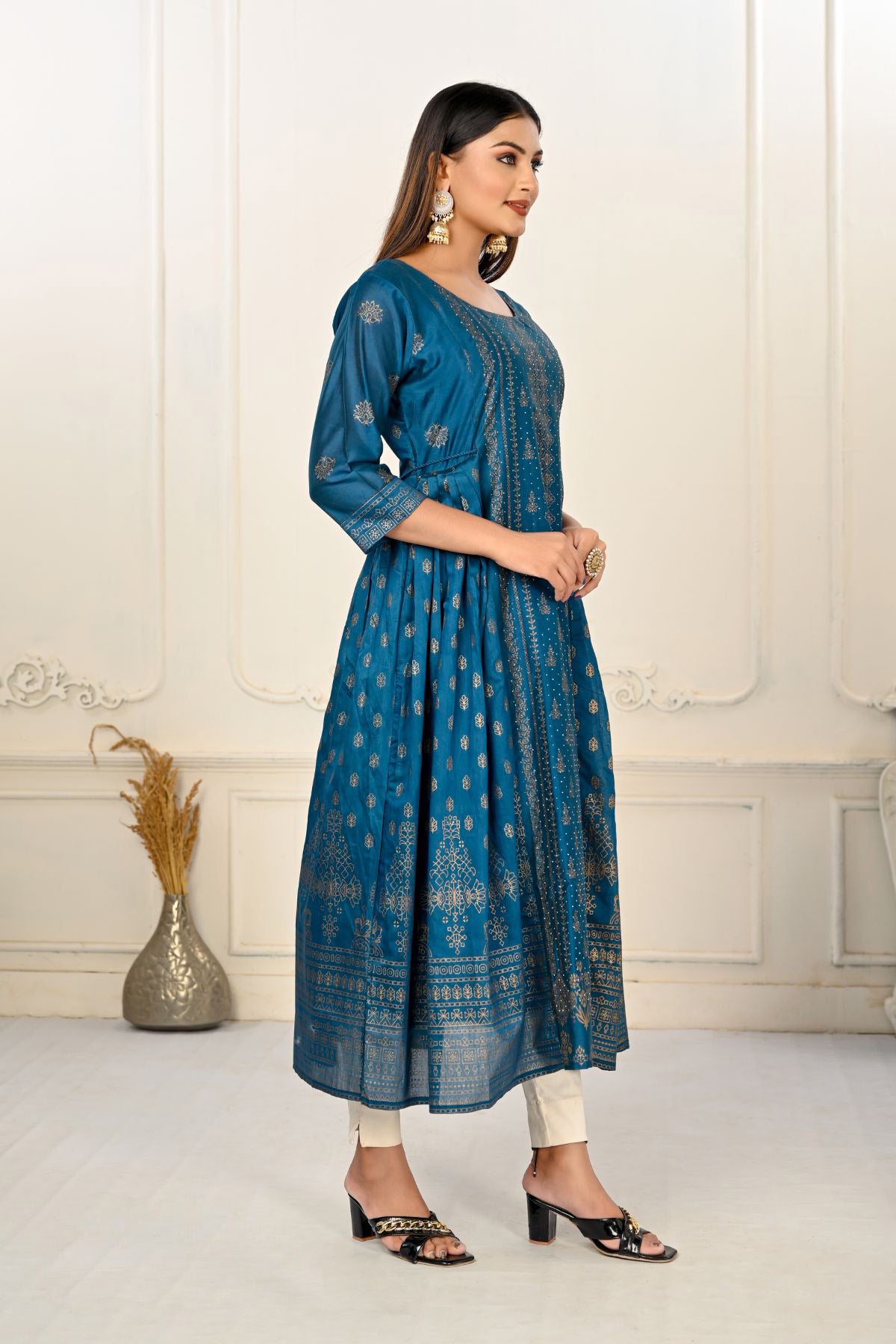Blue Cotton with Handprint Embroidered Kurtis - jivora