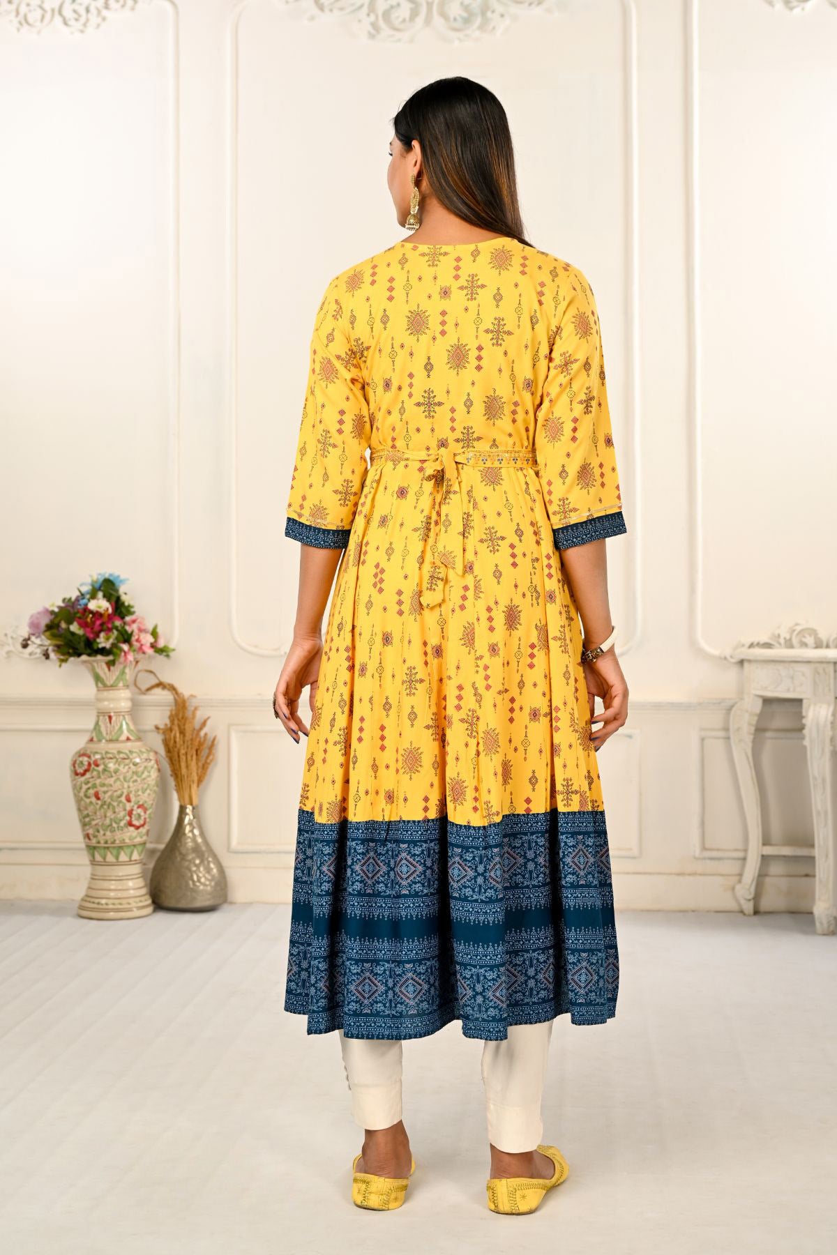 Yellow Cotton with Handprint Embroidered Kurtis - jivora