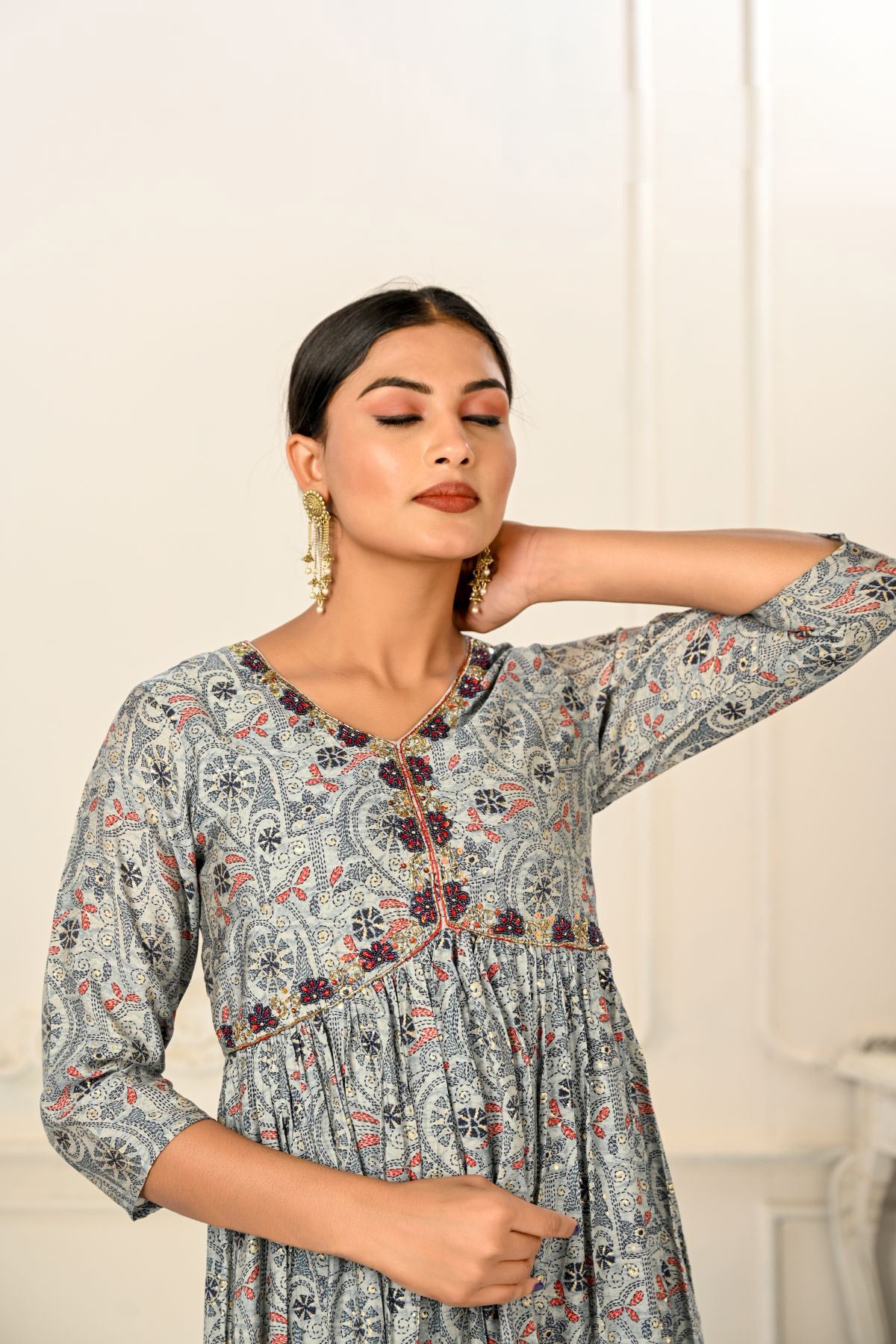 Grey Cotton with Handprint Light Embroidered Kurtis - jivora