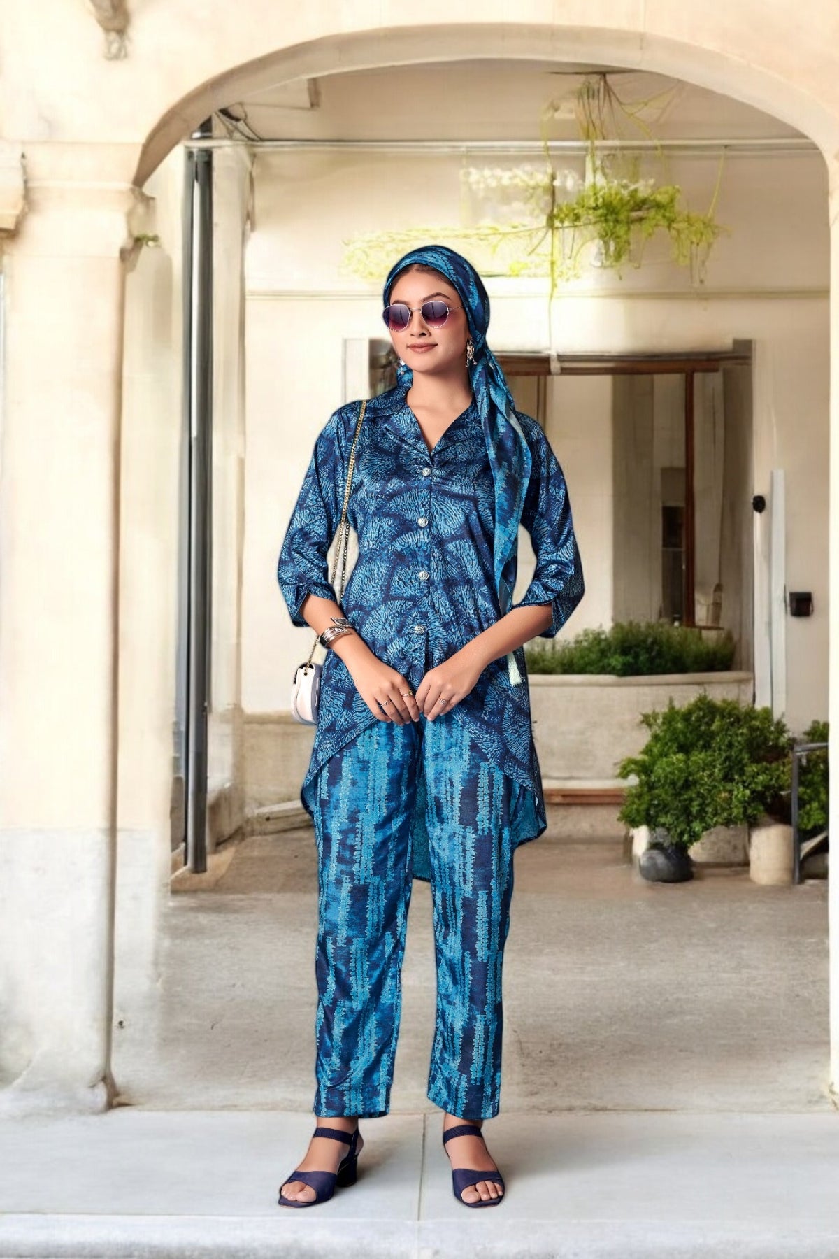 Elegant Crepe Silk Co-Ord Set with Pastel Floral Digital Print & Matching Scarf -Dark Blue