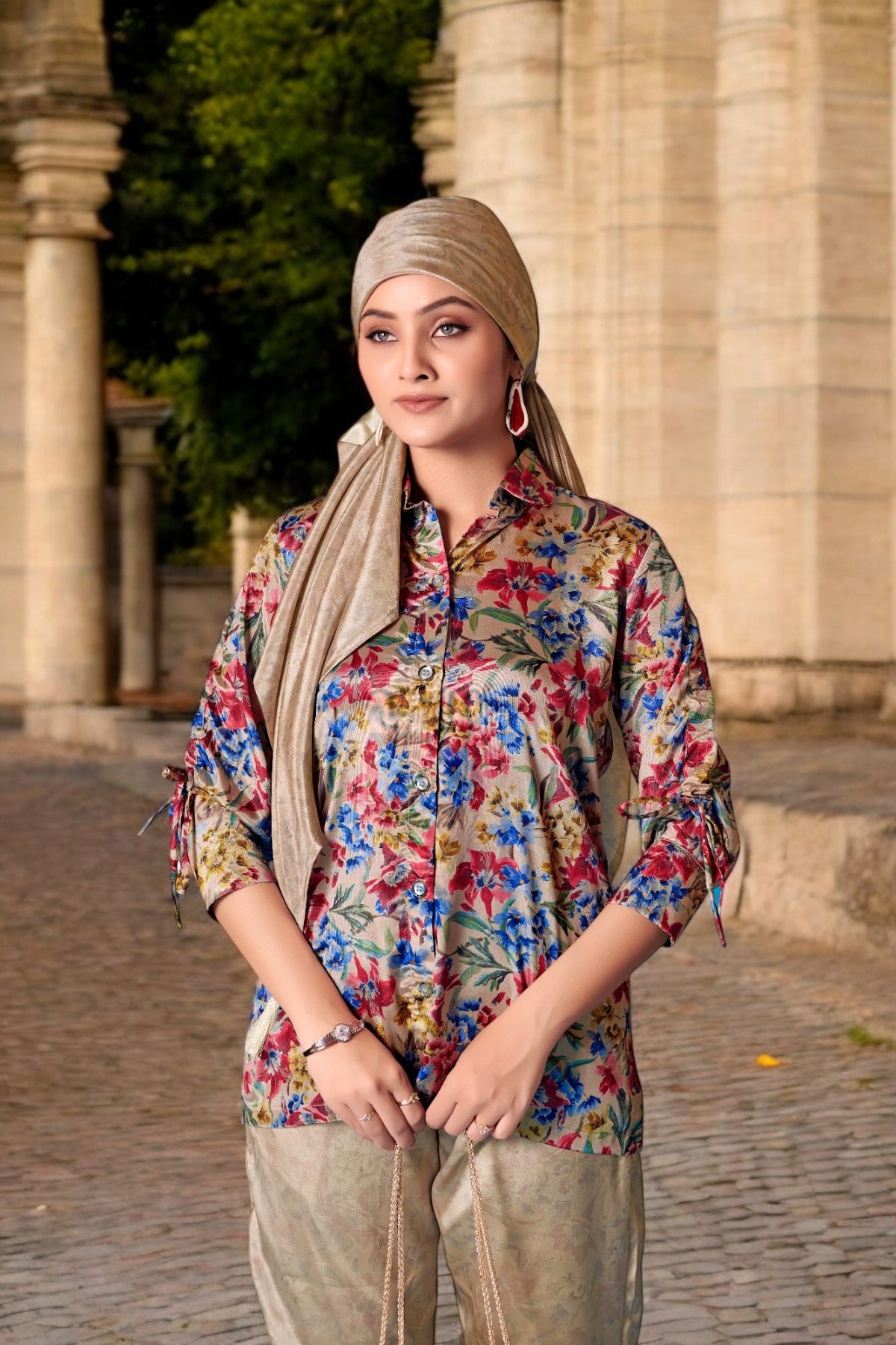 Elegant Crepe Silk Co-Ord Set with Pastel Floral Digital Print & Matching Scarf-Beige