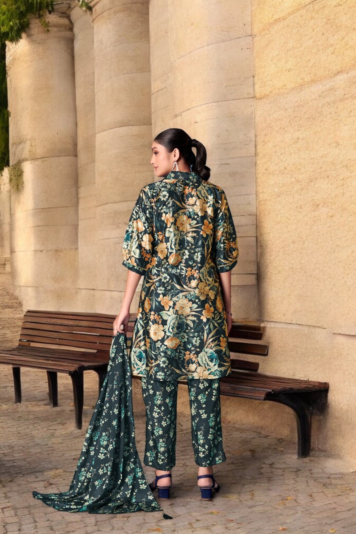 Elegant Crepe Silk Co-Ord Set with Pastel Floral Digital Print & Matching Scarf-Dark Green