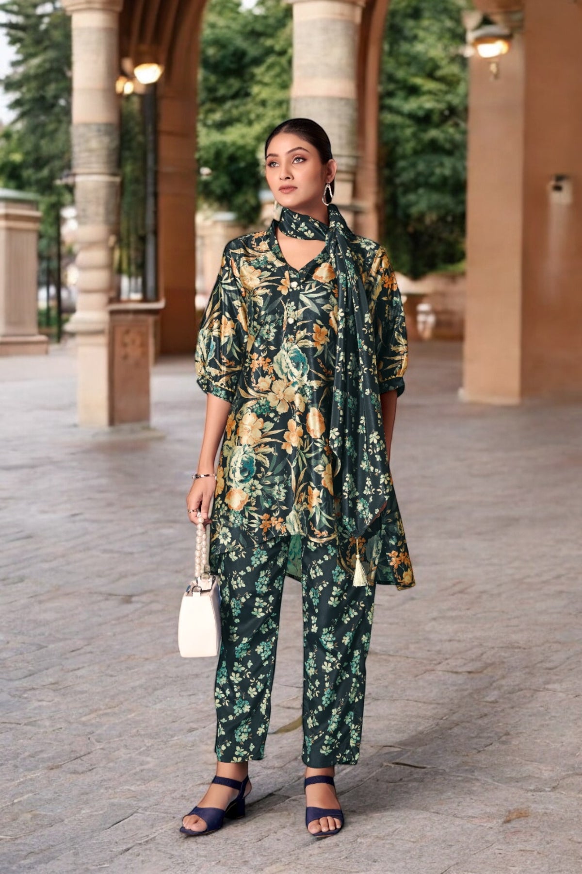 Elegant Crepe Silk Co-Ord Set with Pastel Floral Digital Print & Matching Scarf-Dark Green