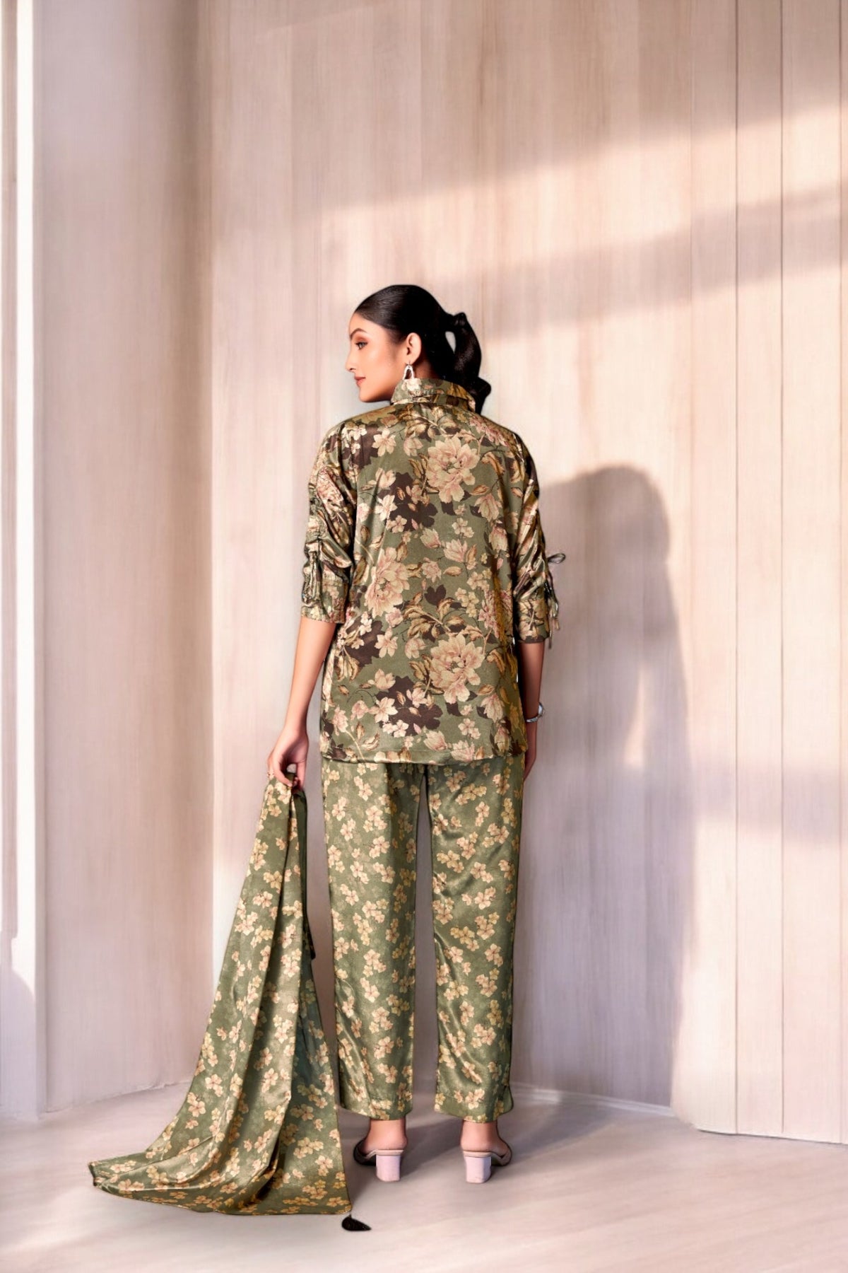 Elegant Crepe Silk Co-Ord Set with Pastel Floral Digital Print & Matching Scarf -Dark Green