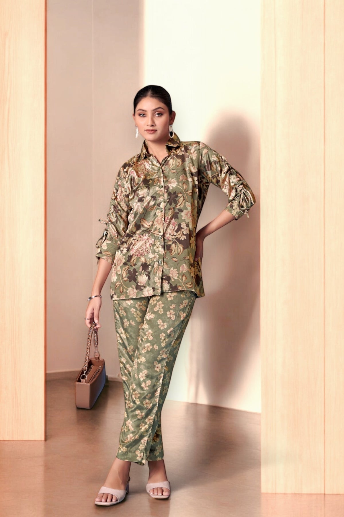 Elegant Crepe Silk Co-Ord Set with Pastel Floral Digital Print & Matching Scarf -Dark Green