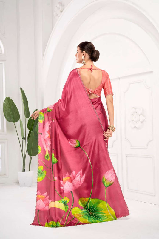 GARDERNIA – Crepe Silk Saree with Floral Print & Crystal Border