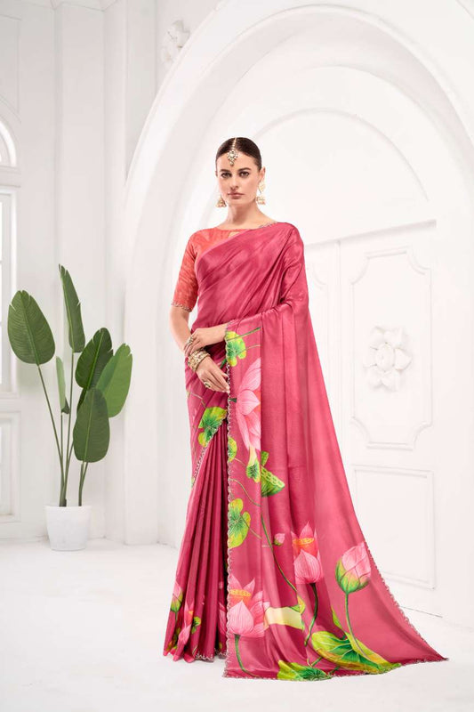 GARDERNIA – Crepe Silk Saree with Floral Print & Crystal Border