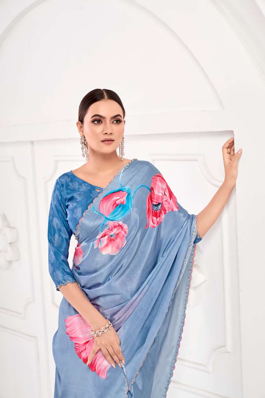 GARDERNIA – Crepe Silk Saree with Floral Print & Crystal Border