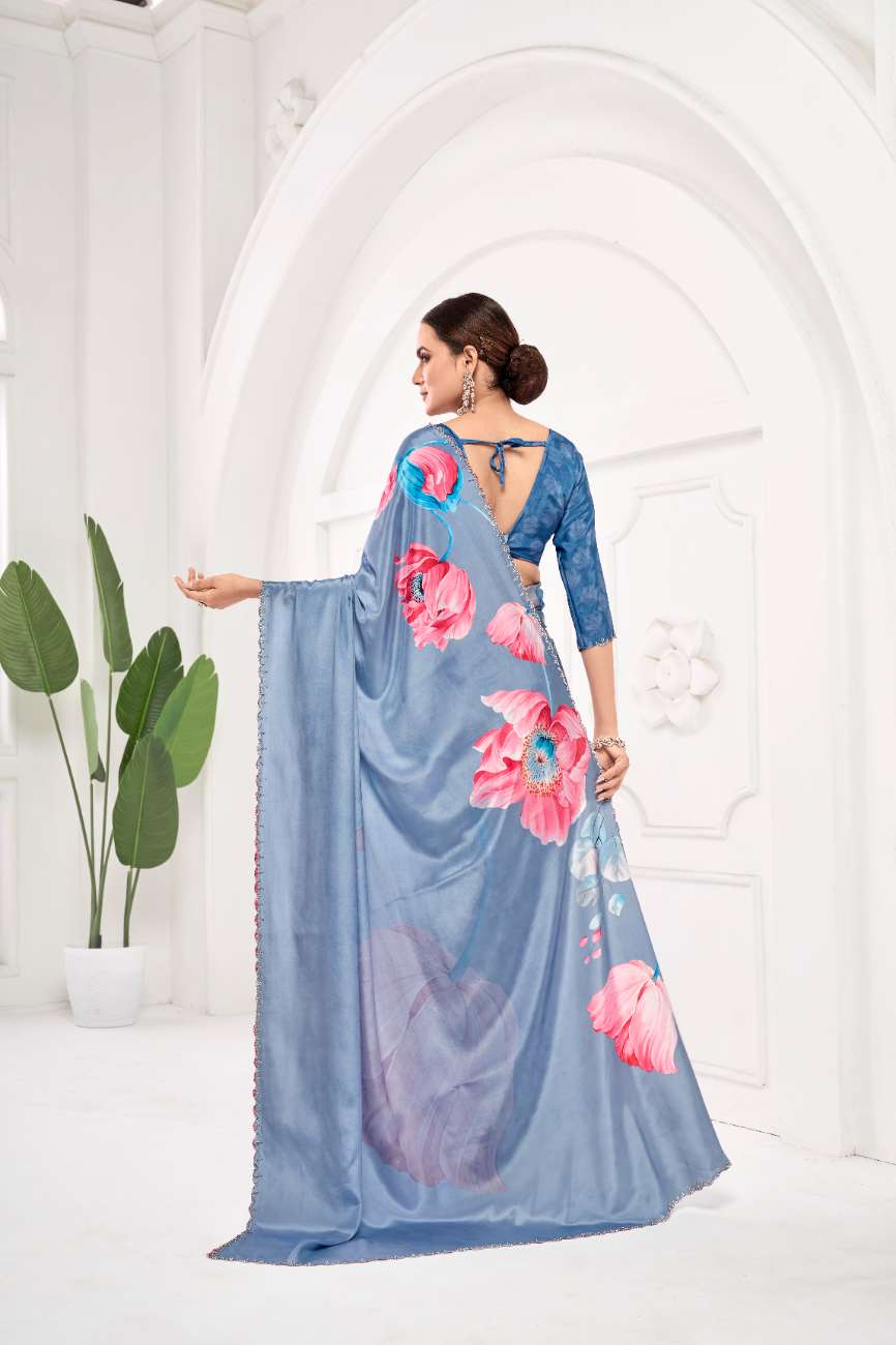 GARDERNIA – Crepe Silk Saree with Floral Print & Crystal Border