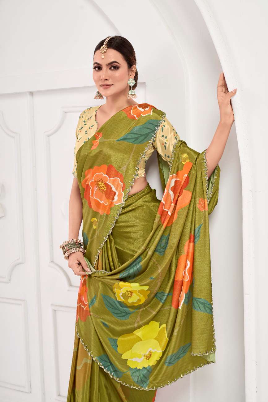 GARDERNIA – Crepe Silk Saree with Floral Print & Crystal Border