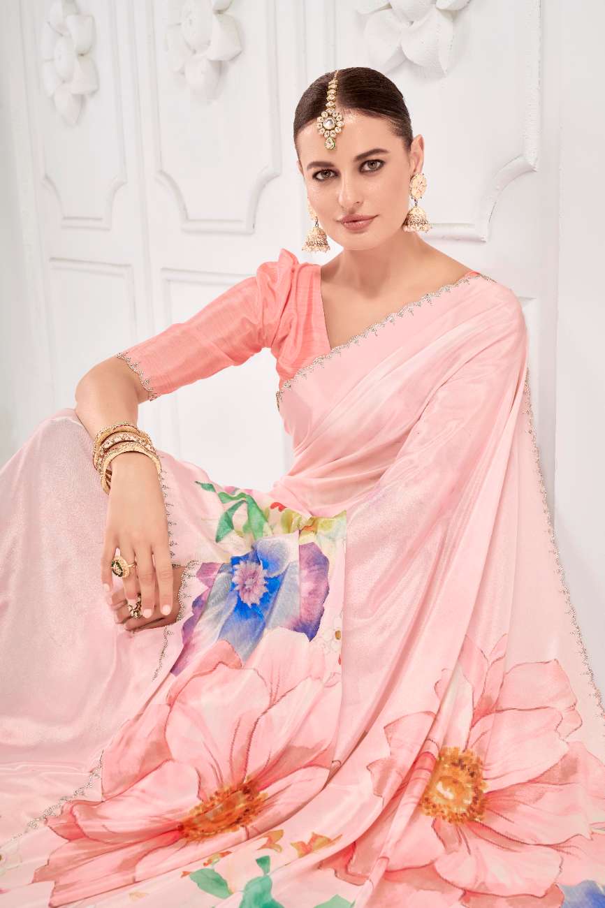 GARDERNIA – Crepe Silk Saree with Floral Print & Crystal Border