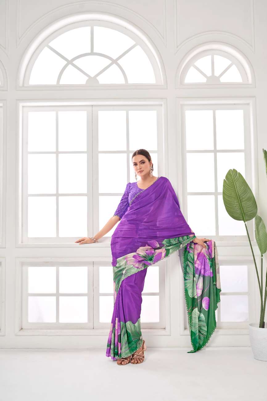 GARDERNIA – Crepe Silk Saree with Floral Print & Crystal Border