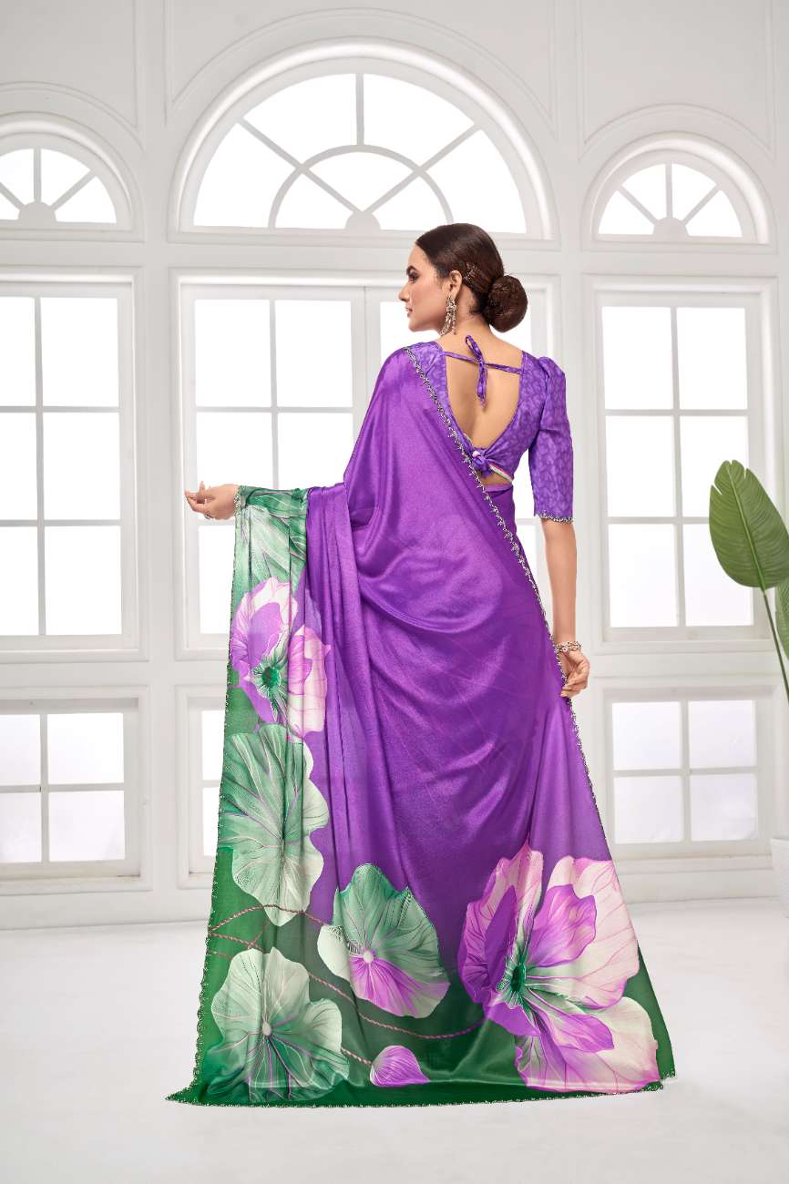 GARDERNIA – Crepe Silk Saree with Floral Print & Crystal Border