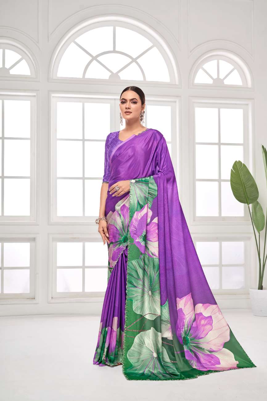GARDERNIA – Crepe Silk Saree with Floral Print & Crystal Border