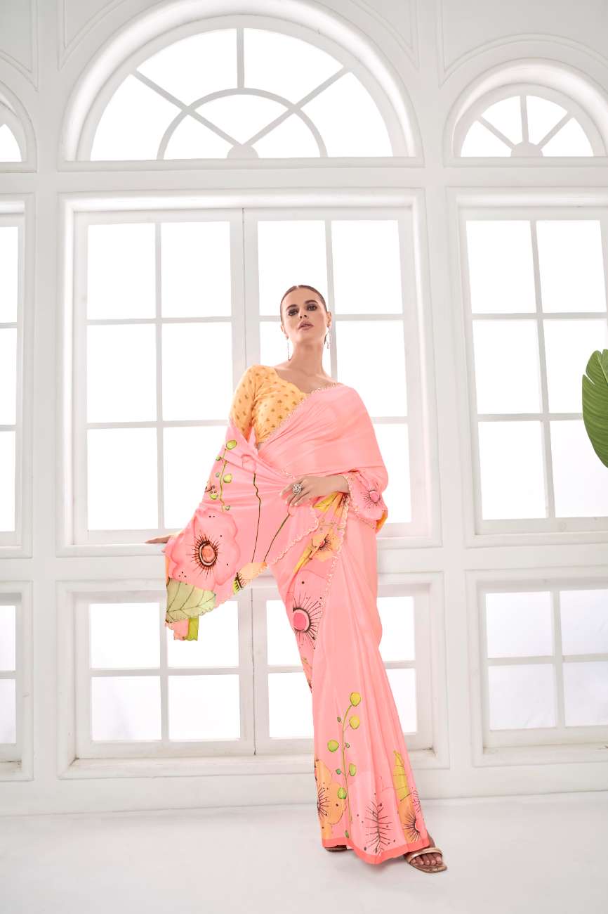 GARDERNIA – Crepe Silk Saree with Floral Print & Crystal Border