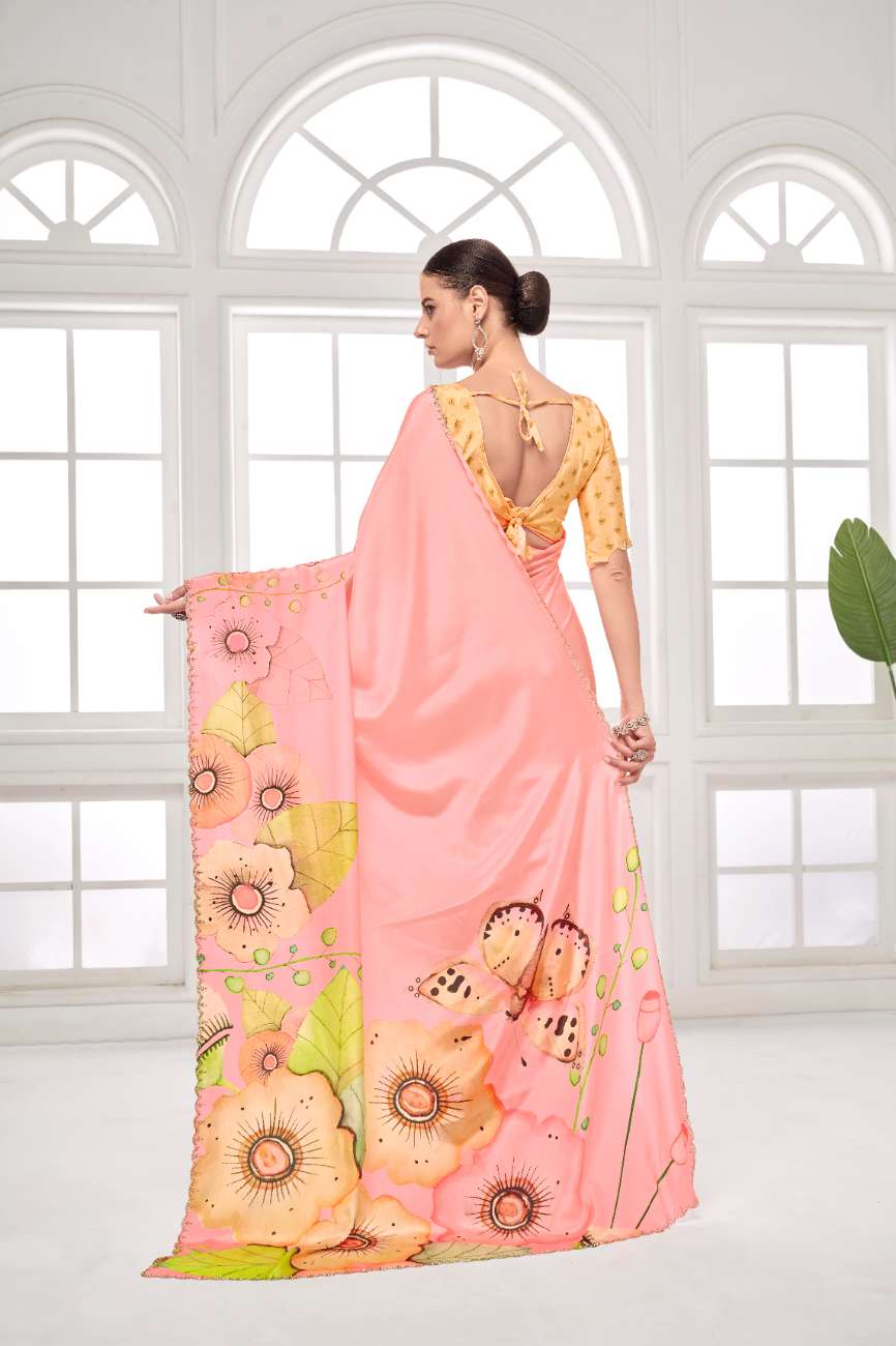 GARDERNIA – Crepe Silk Saree with Floral Print & Crystal Border