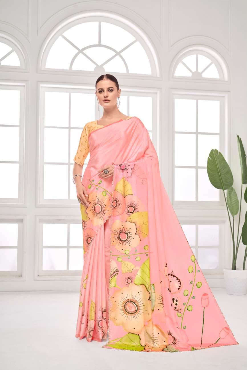 GARDERNIA – Crepe Silk Saree with Floral Print & Crystal Border