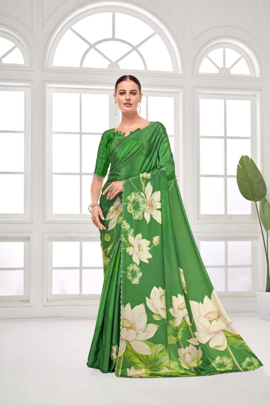 GARDERNIA – Crepe Silk Saree with Floral Print & Crystal Border
