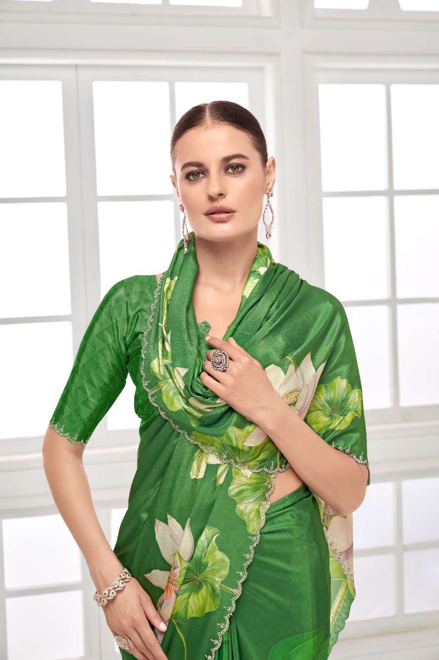 GARDERNIA – Crepe Silk Saree with Floral Print & Crystal Border