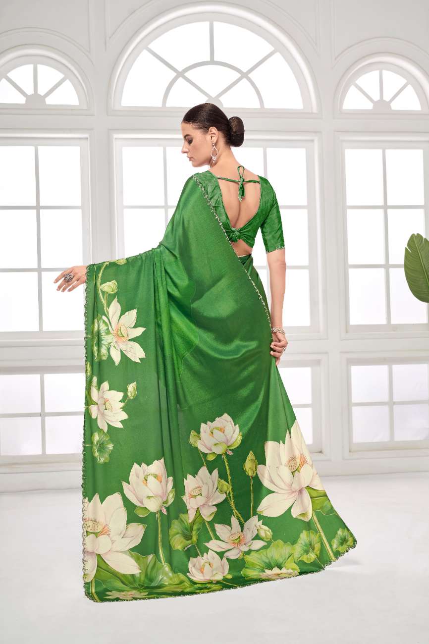 GARDERNIA – Crepe Silk Saree with Floral Print & Crystal Border